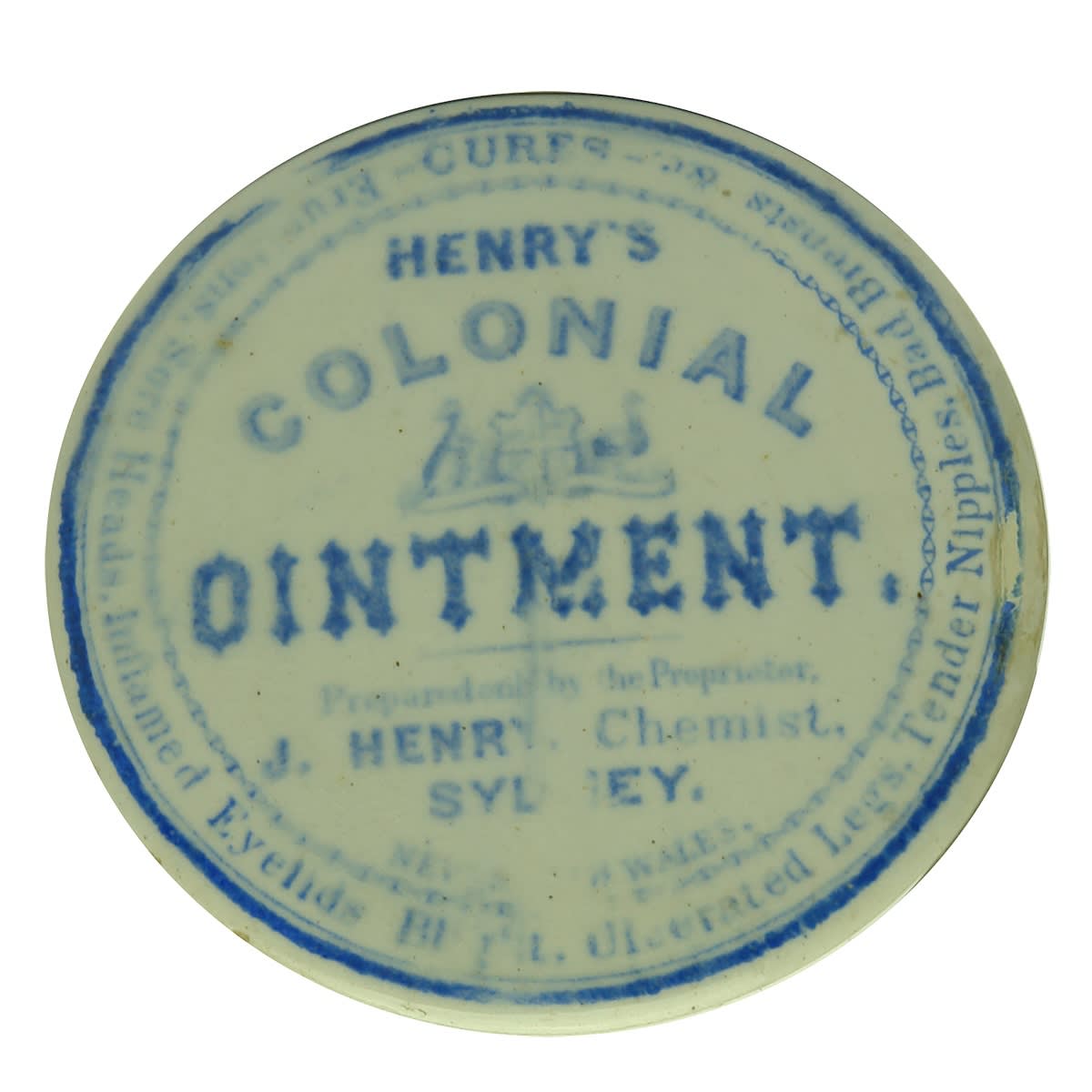 Pot Lid. Henry's Colonial Ointment. J. Henry, Chemist, Sydney. Early type with Cures at top. Rare variation and first we have sold. (New South Wales)