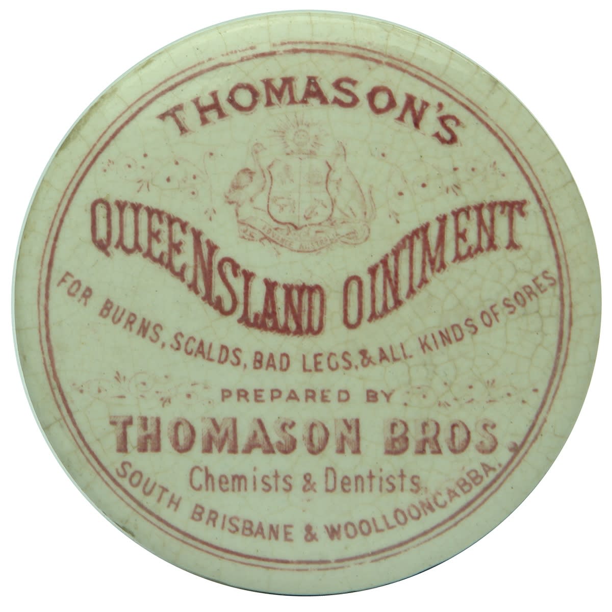 Pot Lid. Thomason's. Thomason Bros., South Brisbane & Woolloongabba. Coat of Arms. Red Print. (Queensland)
