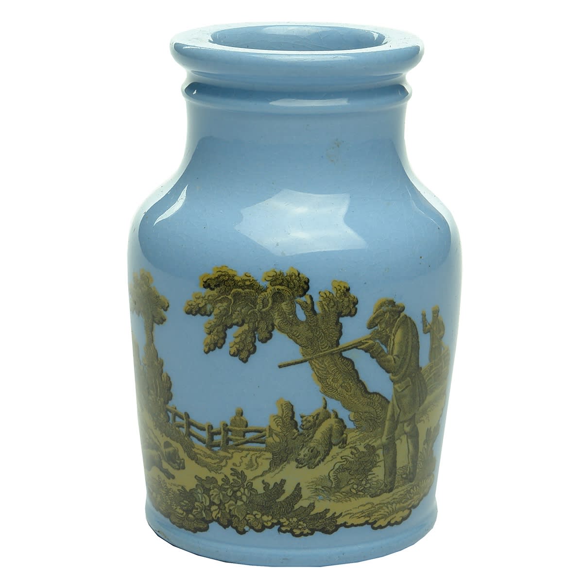 Pratt Jar. Rabbit Hunt or Hare Hunt. Dogs and Hunters. Gold & Tan on Blue. British Registration Diamond to base.