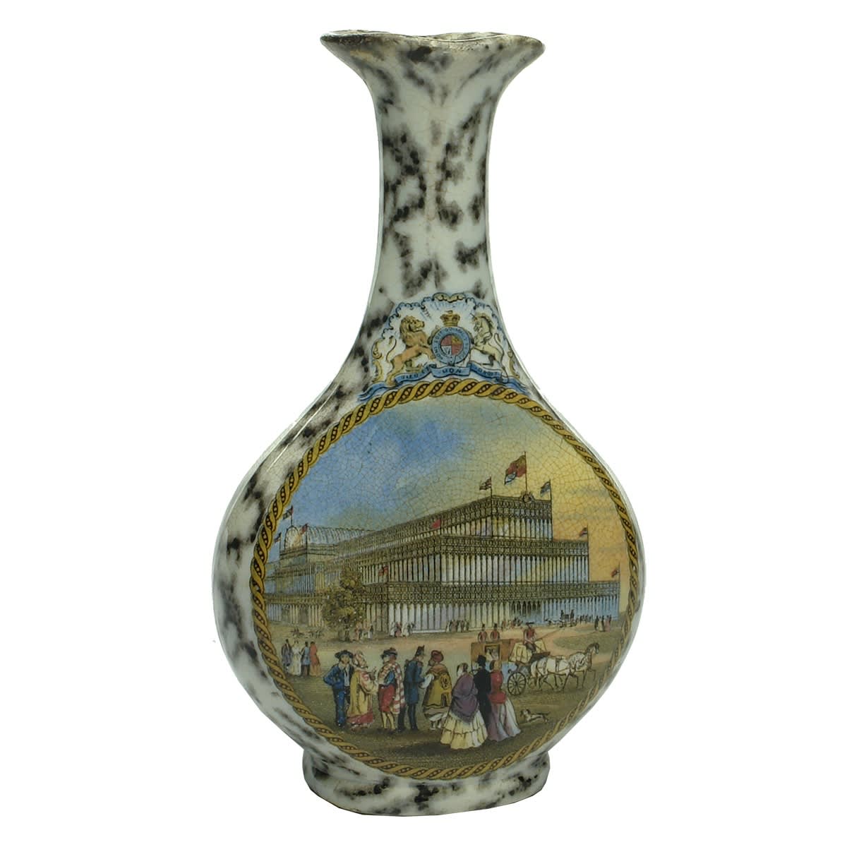 Prattware Sauce Bottle. Crystal Palace Royal Exhibition Building to one side. Royal Coat of Arms. Flowers & Coat of arms to other side. Black & White mottled design to sides.
