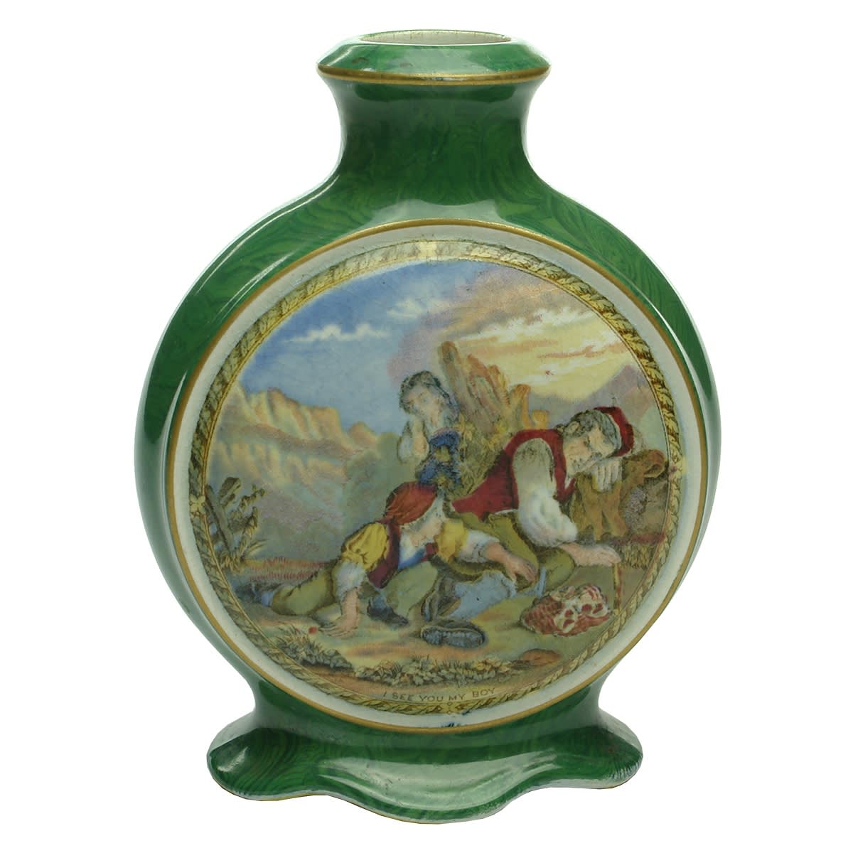 Prattware Sauce bottle. Lend a Bite to one side and I see you my boy to the other. Mottled green decoration around the pictures. Gold leaf borders.