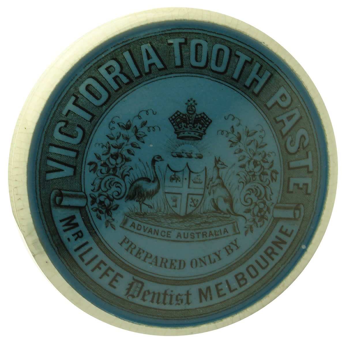 Pot Lid. Mr Iliffe, Melbourne. Blue and Black Round Pot Lid. (Victoria)