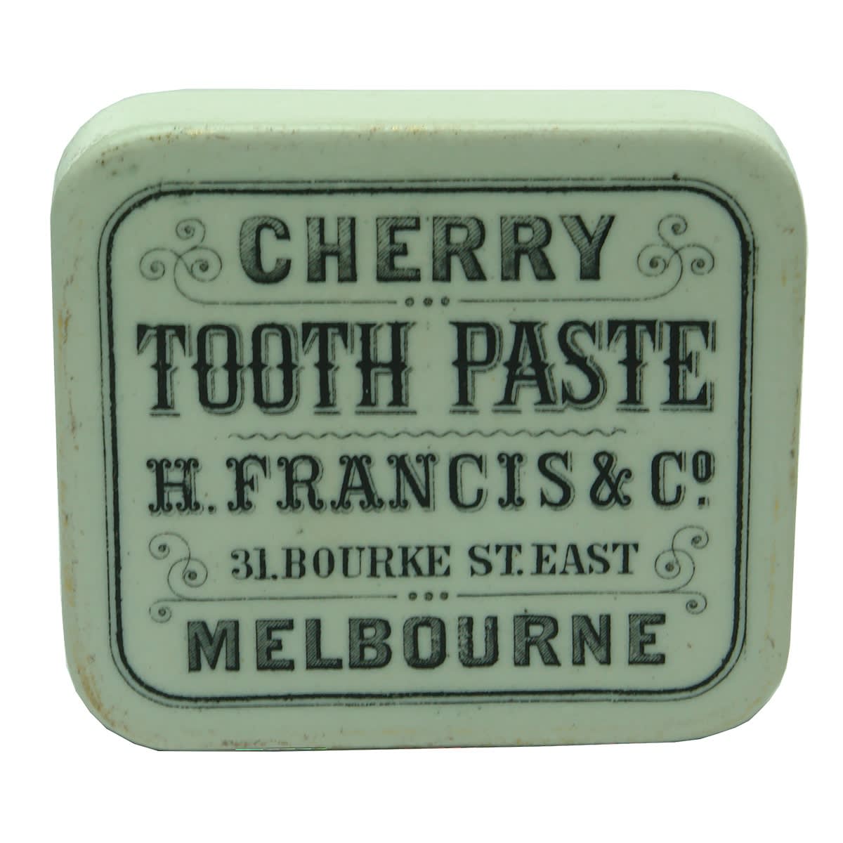 Pot Lid. H. Francis, Cherry Tooth Paste, Melbourne. Rectangle. Black and White. (Victoria)