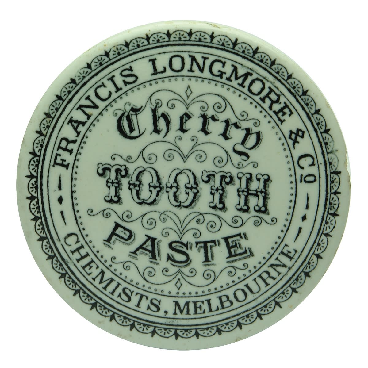Pot Lid. Francis Longmore & Co., Cherry Tooth Paste, Melbourne. Black and White. (Victoria)