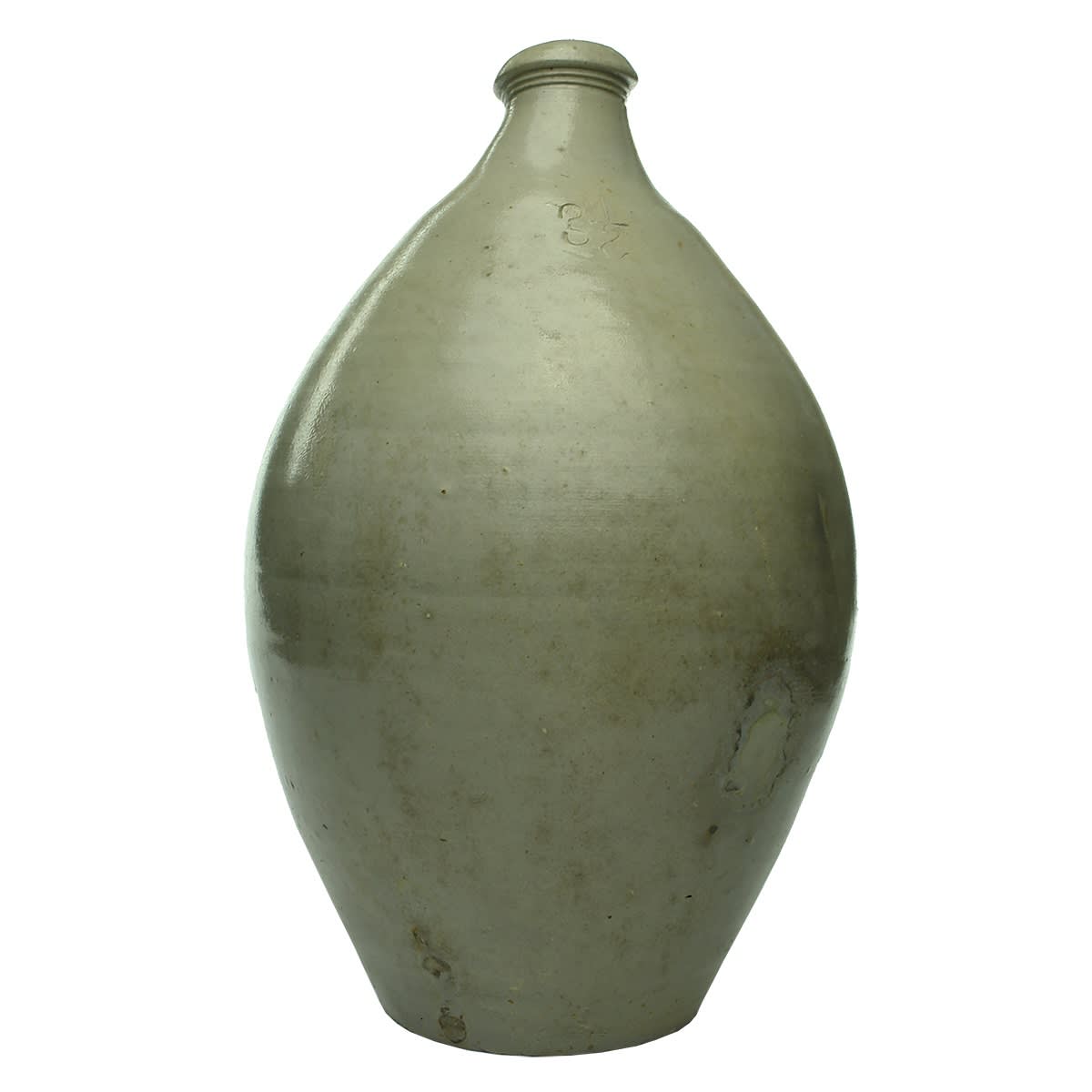 Bellarmine or Bartmann Jug. Very large grey glaze. 3 1/2 engraved into the neck.