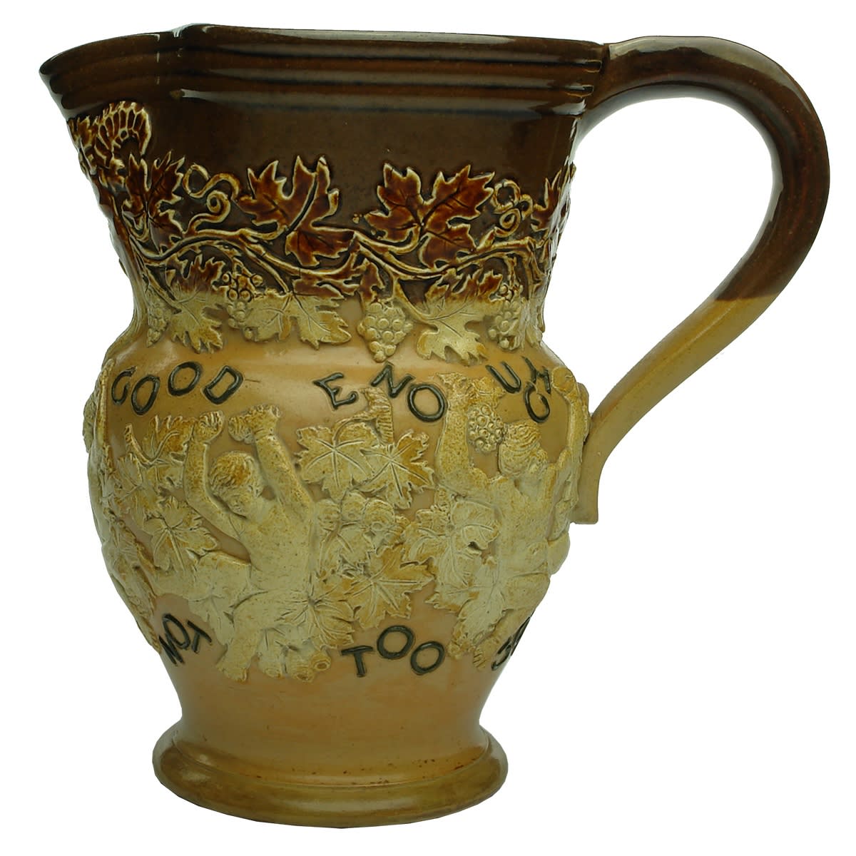 Doulton Lambeth Water Jug. Bacchus, Cherubs etc. Good is Not Good Enough, The Best is Not too Good.