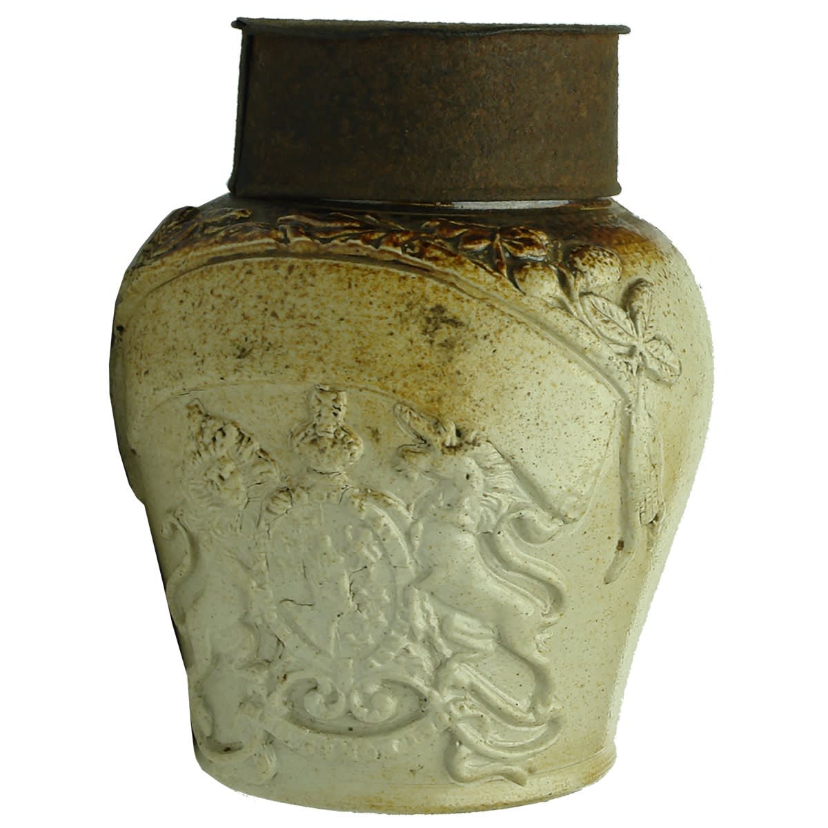 Stoneware Chemists or Snuff jar with tin top. Applied decoration, Vines, Banner &  Royal Coat of Arms. Salt Glaze.
