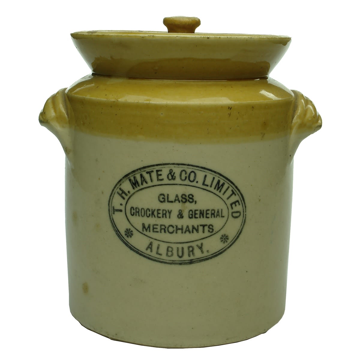 Small squat lidded crock. T. H. Mate & Co. Limited, Merchants, Albury. Powell Bristol stamp. With a fitting lid. (New South Wales)