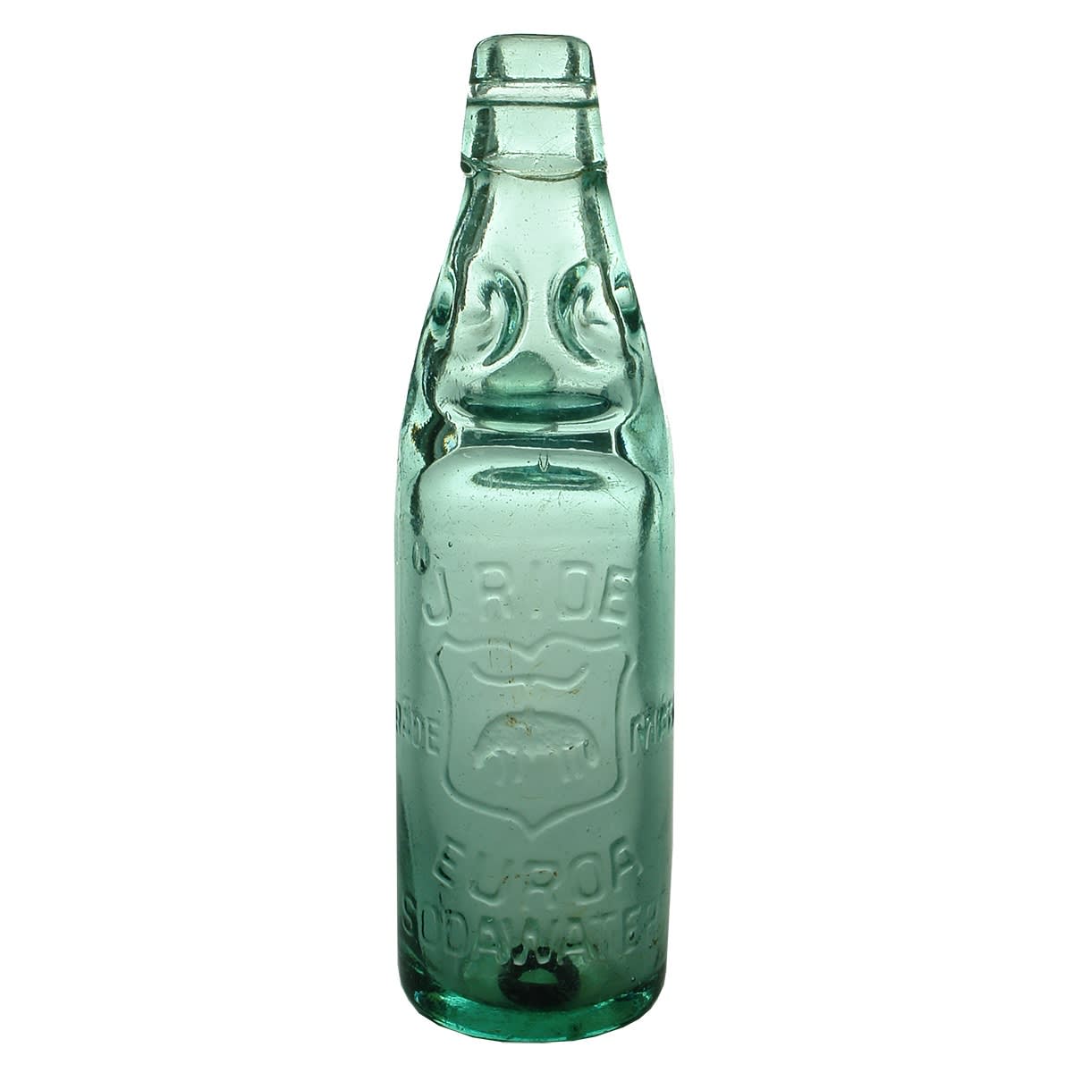 Codd. J. Ride, Euroa. Soda Water (or Sodawater as it is embossed). Hanging Sheep or Golden Fleece. Aqua. 10 oz. (Victoria)