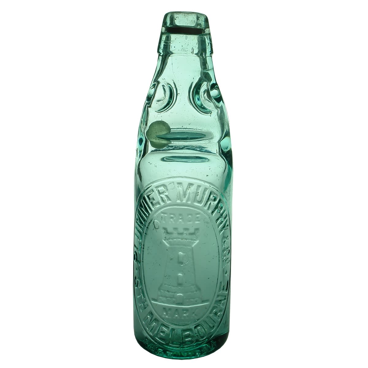 Codd. Plummer Murphy & Co., South Melbourne. Castle. M base mark. Dobson. Aqua. 10 oz. (Victoria)