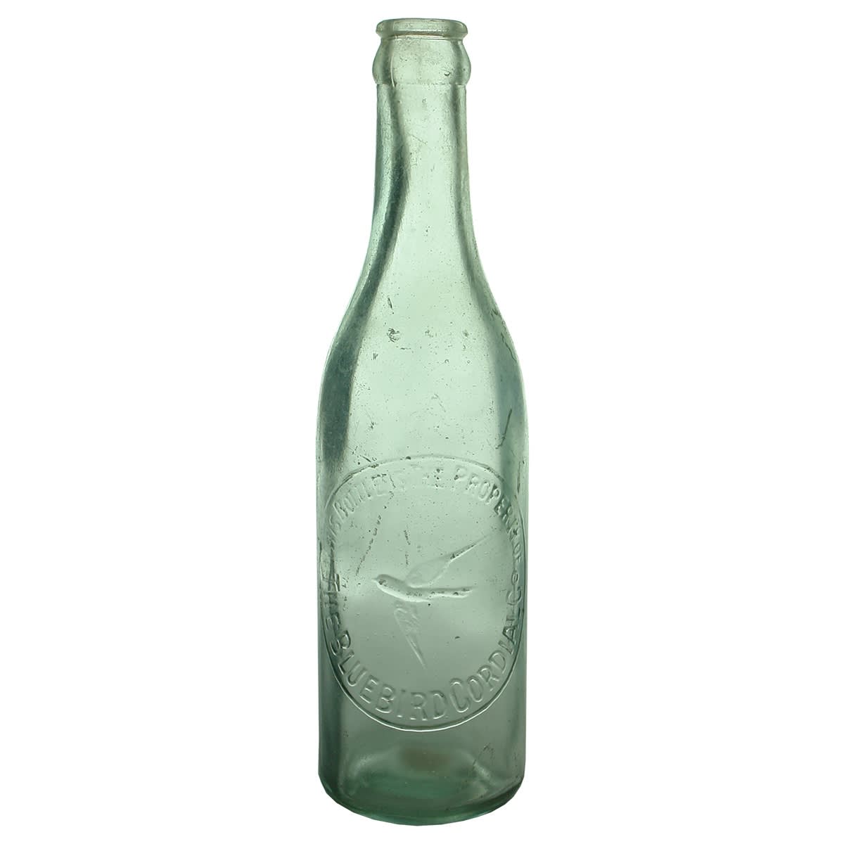 Crown Seal. The Bluebird Cordial Co. Bird trade mark. Aqua. 10 oz. (Hobart, Tasmania)