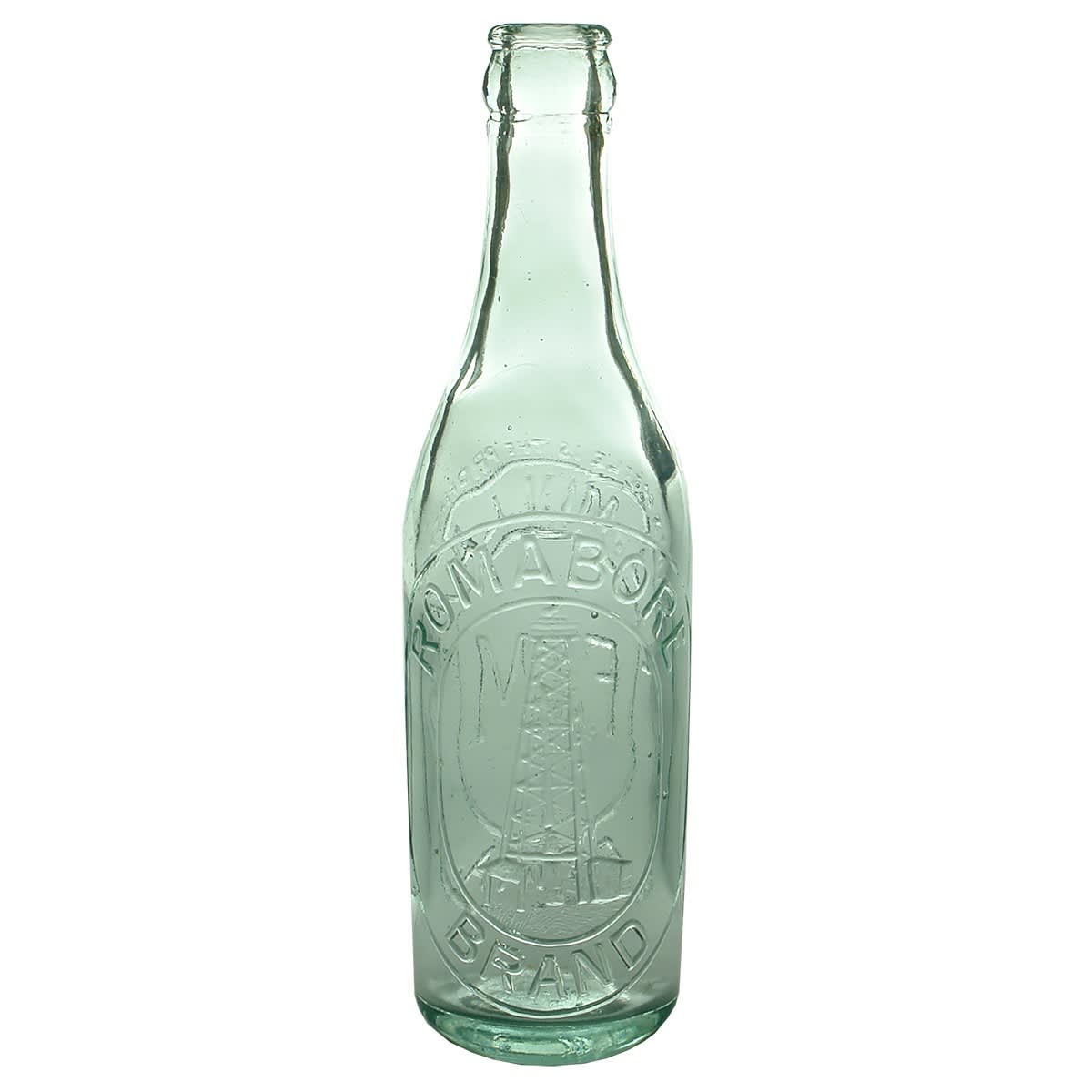 Crown Seal. F. J. Mullavey, Roma Bore Brand. Romabore on bottle. Detailed trade mark. English made 10 oz variety. (Queensland)