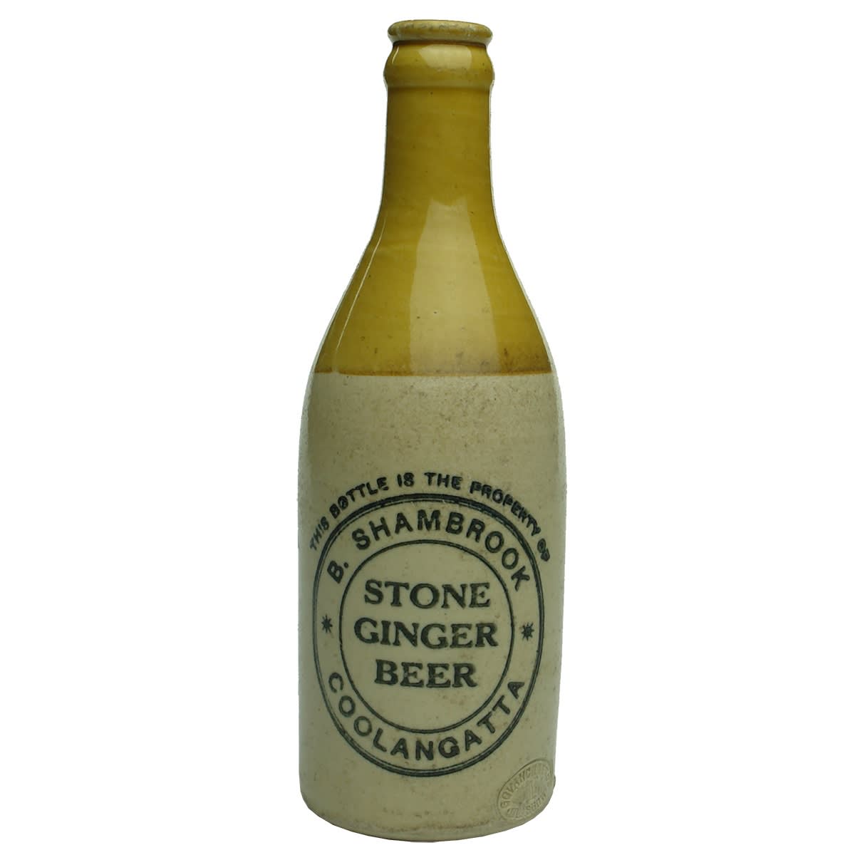 Crown Seal Ginger Beer. B. Shambrook, Coolangatta. Govancroft Pottery variety. (Queensland)