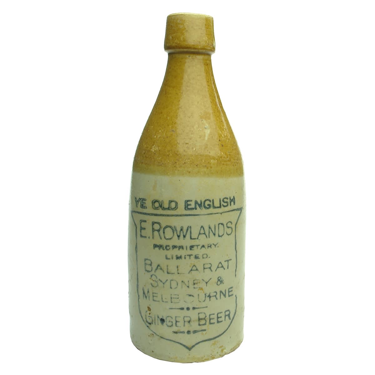 Ginger Beer. E. Rowlands Pty Ltd, Ballarat, Sydney & Melbourne. Bendigo Pottery. (Victoria & New South Wales)