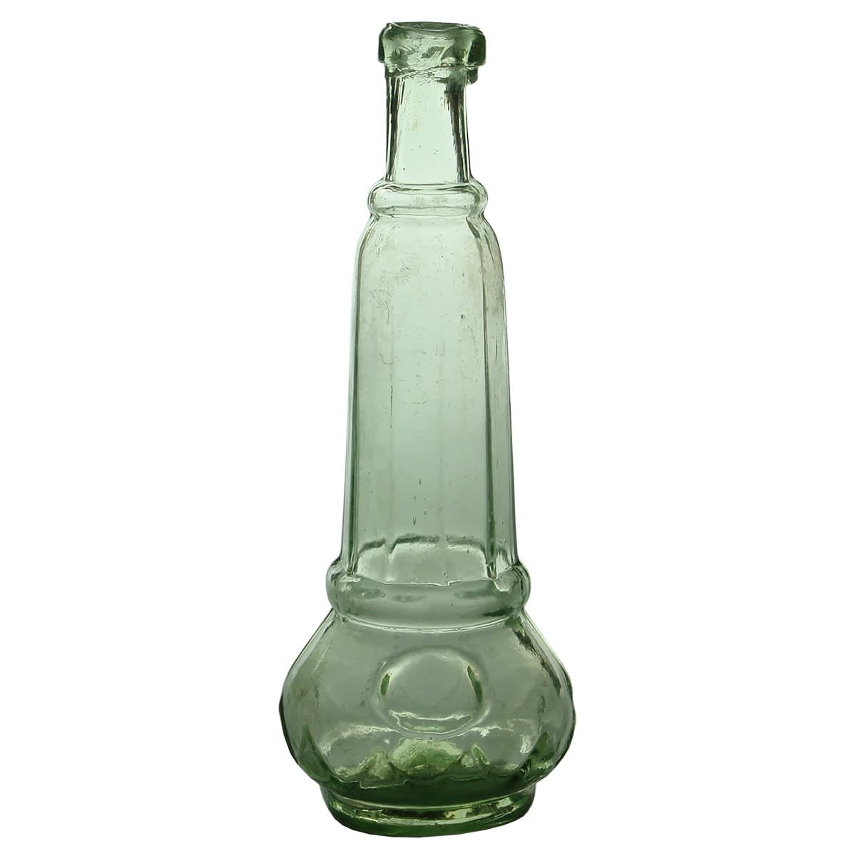 Goldfields Salad Oil. Shark tooth design to bulbous base, long tapered neck. Pontil. Aqua. 4 oz. (United Kingdom) (This is from the late Kingsley Durdin collection)
