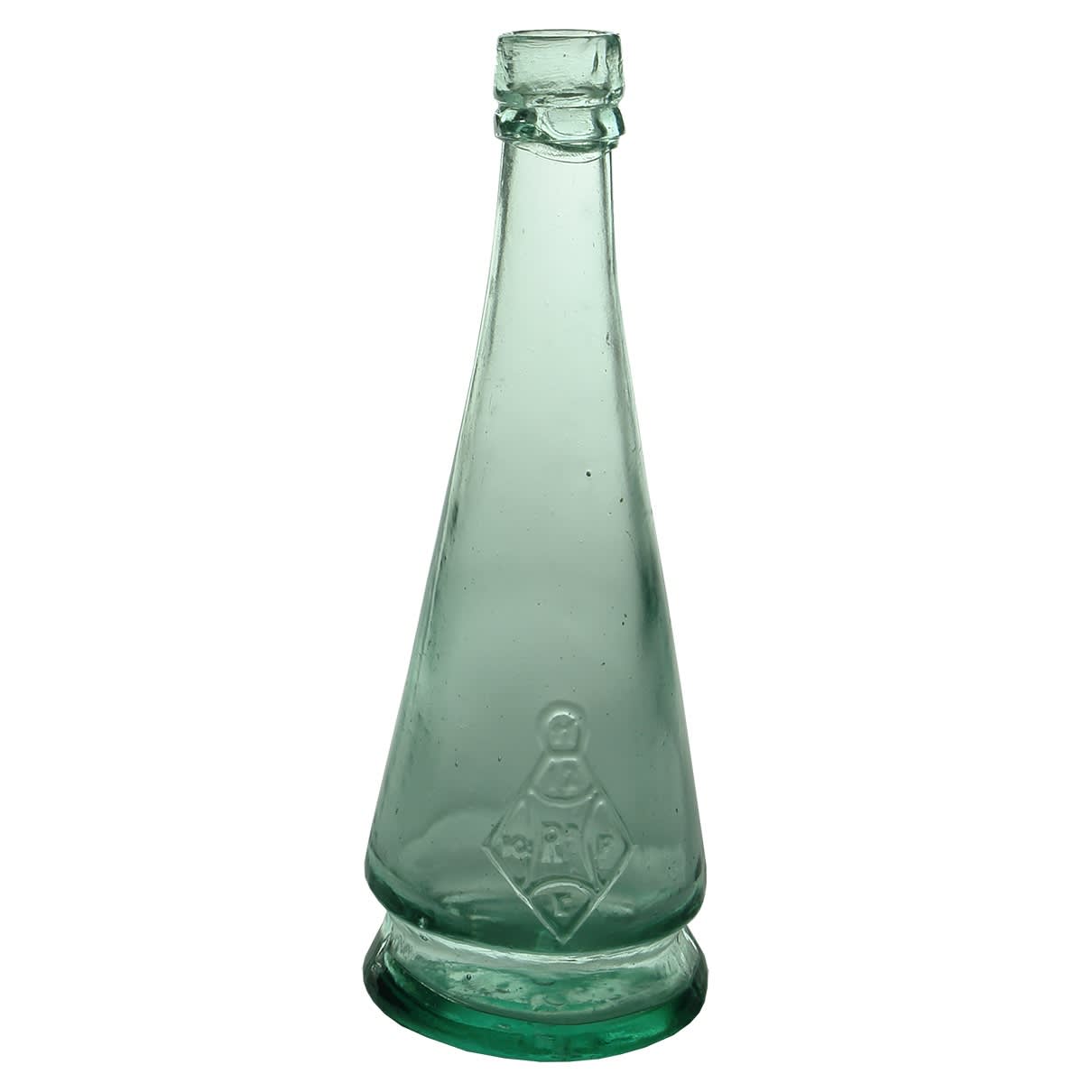 Goldfields. Cone Shaped Salad Oil With Pedestal Base. British Registration Diamond to Lower Body (12 May, 1877). Round pontil. Aqua. 6 oz. (United Kingdom)