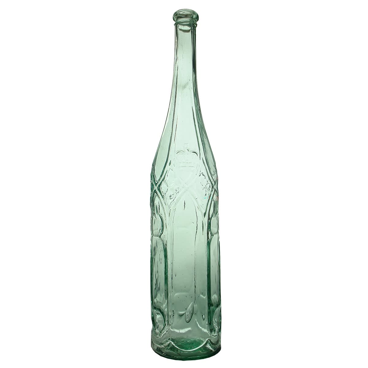 Goldfields Salad Oil. Batty's Crown. Fancy Shape. British Registration Diamond to base. Aqua. 26 oz. (United Kingdom) (Late Kingsley Durdin collection)