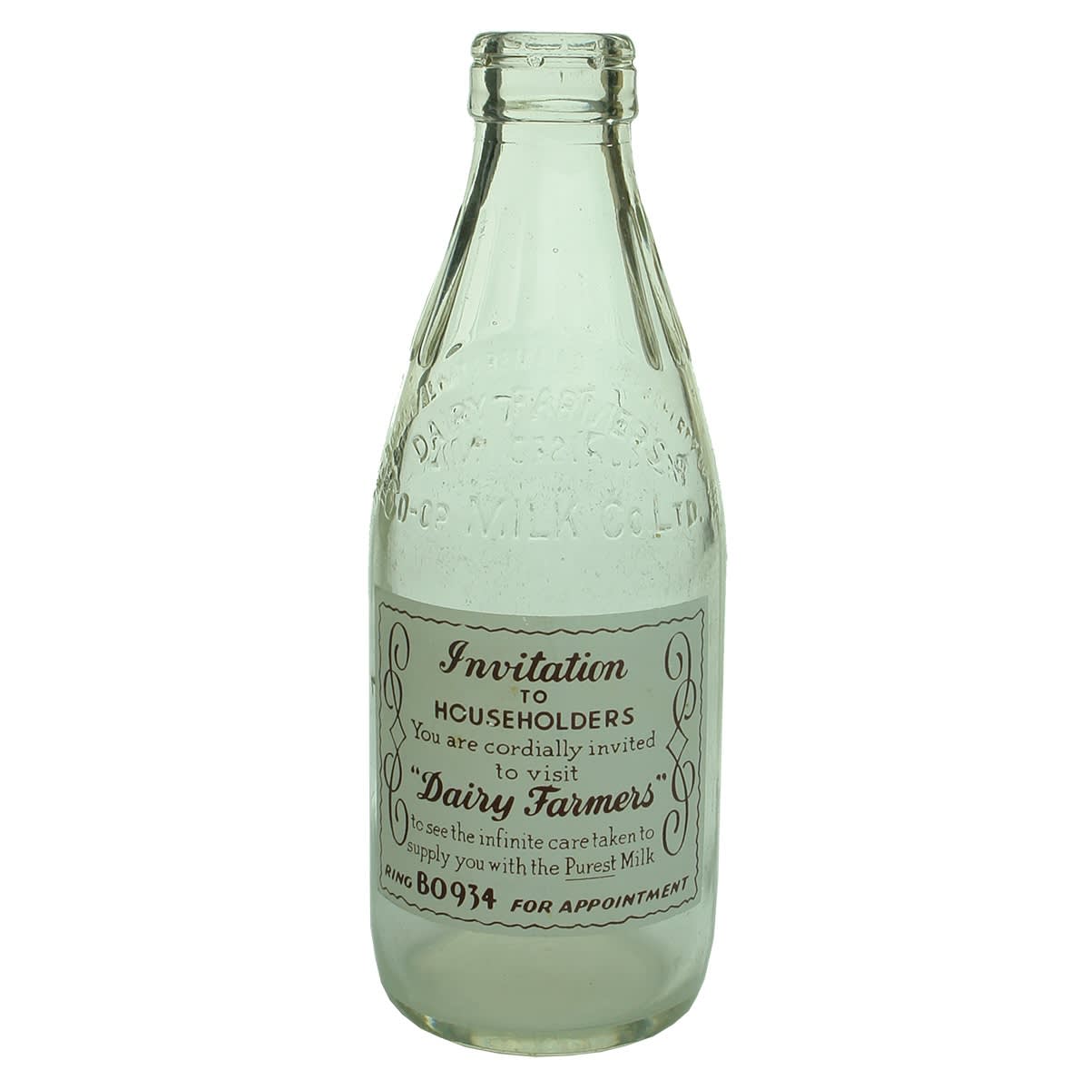 Ceramic Label Milk. Invitation to Householders. Dairy Farmers Co-op Milk Co Ltd. Pint. (New South Wales)