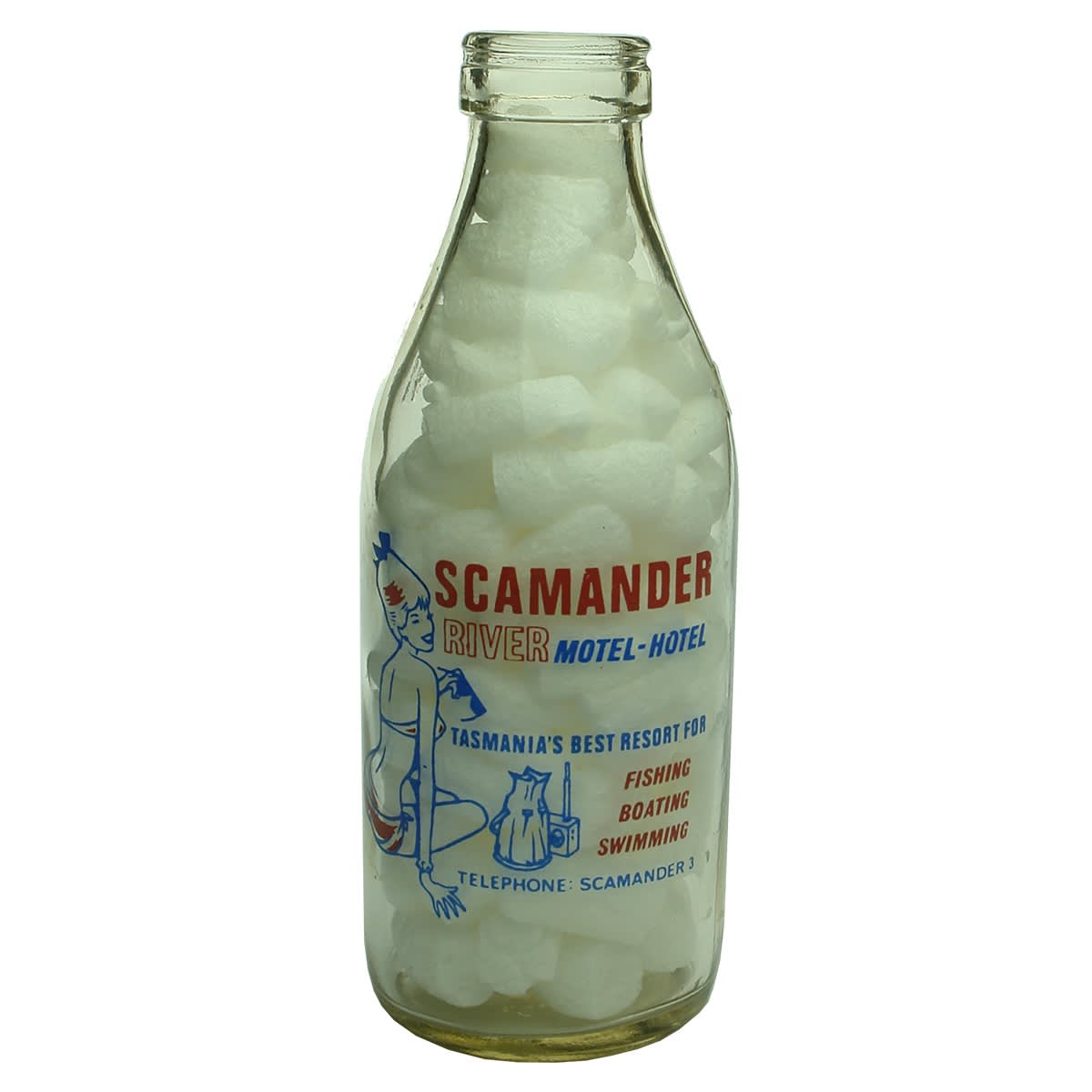 Ceramic Label Advertising Milk. Scamander River Motel-Hotel. Fishing Boating Swimming. Pint. (Tasmania)