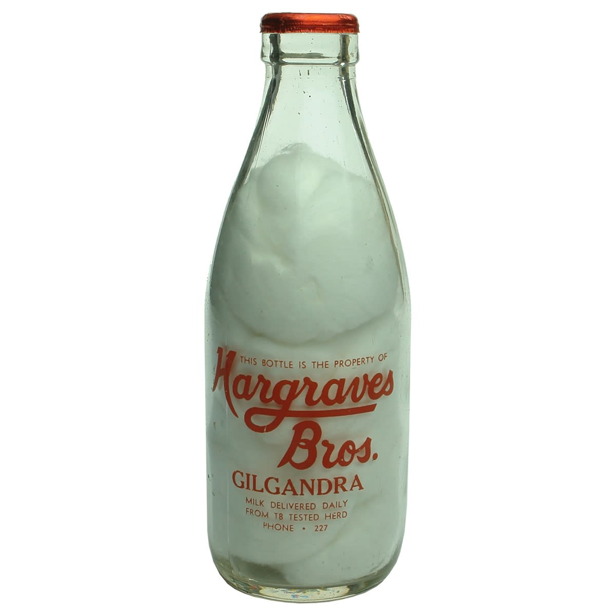Ceramic Label Milk. Hargraves Bros., Gilgandra. Red Print. Pint. (New South Wales)