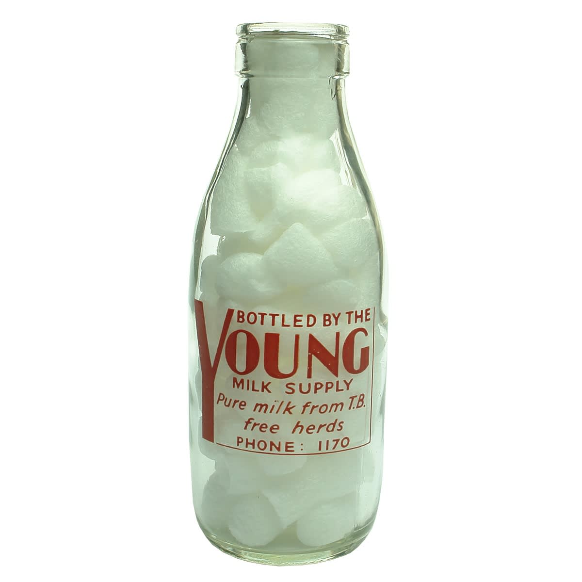Ceramic Label Milk. Young Milk Supply. Pint. Red Print. (New South Wales)