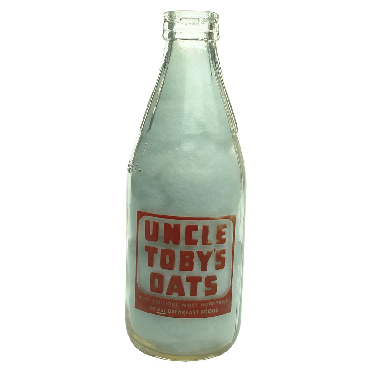 Ceramic Label Advertising Milk. Uncle Toby's Oats. Most Delicious. Most Nutritious. Dairy Farmers Co-op Milk Co Ltd. Pint. (New South Wales)
