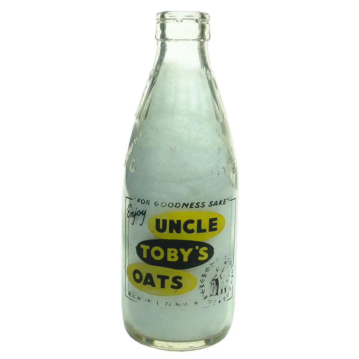 Ceramic Label Advertising Milk. Enjoy Uncle Toby's Oats. For Goodness Sake. Dairy Farmers Co-op Milk Co Ltd. Pint. (New South Wales)