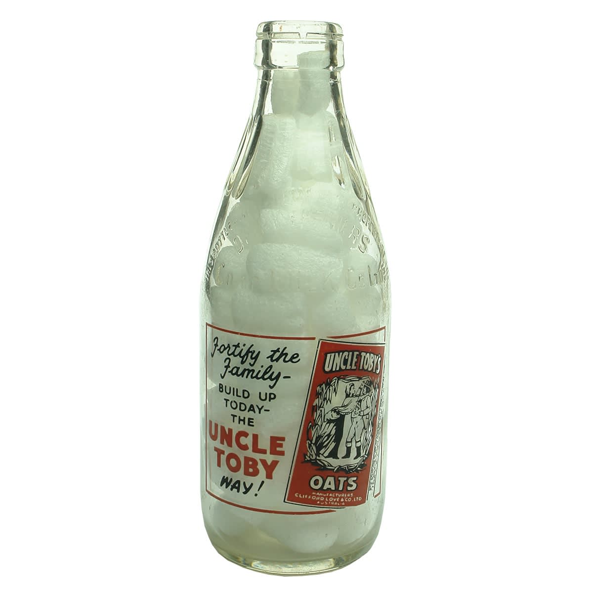 Ceramic Label Advertising Milk. Uncle Toby's Oats. Fortify the Family. Dairy Farmers Co-op Milk Co Ltd. Pint. (New South Wales)