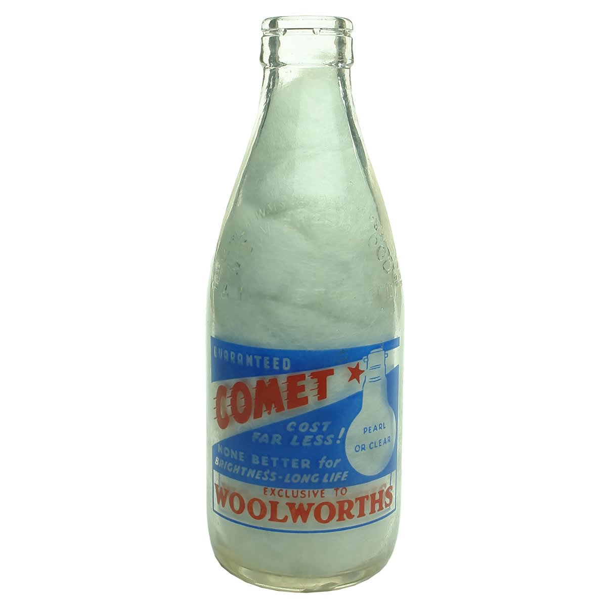 Ceramic Label Advertising Milk. Comet Lightglobes exclusive to Woolworths. NSW Fresh Food & Ice Pty Ltd. Pint. (New South Wales)