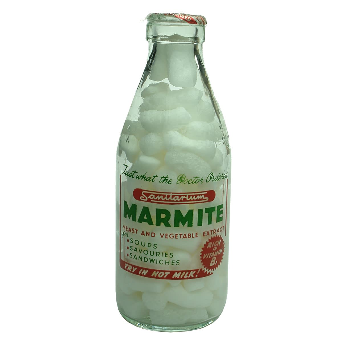 Ceramic Label Advertising Milk. Sanitarium Marmite. Yeast & Vegetable Extract. Milk Bottles Recovery Ltd. Pint. (Victoria)