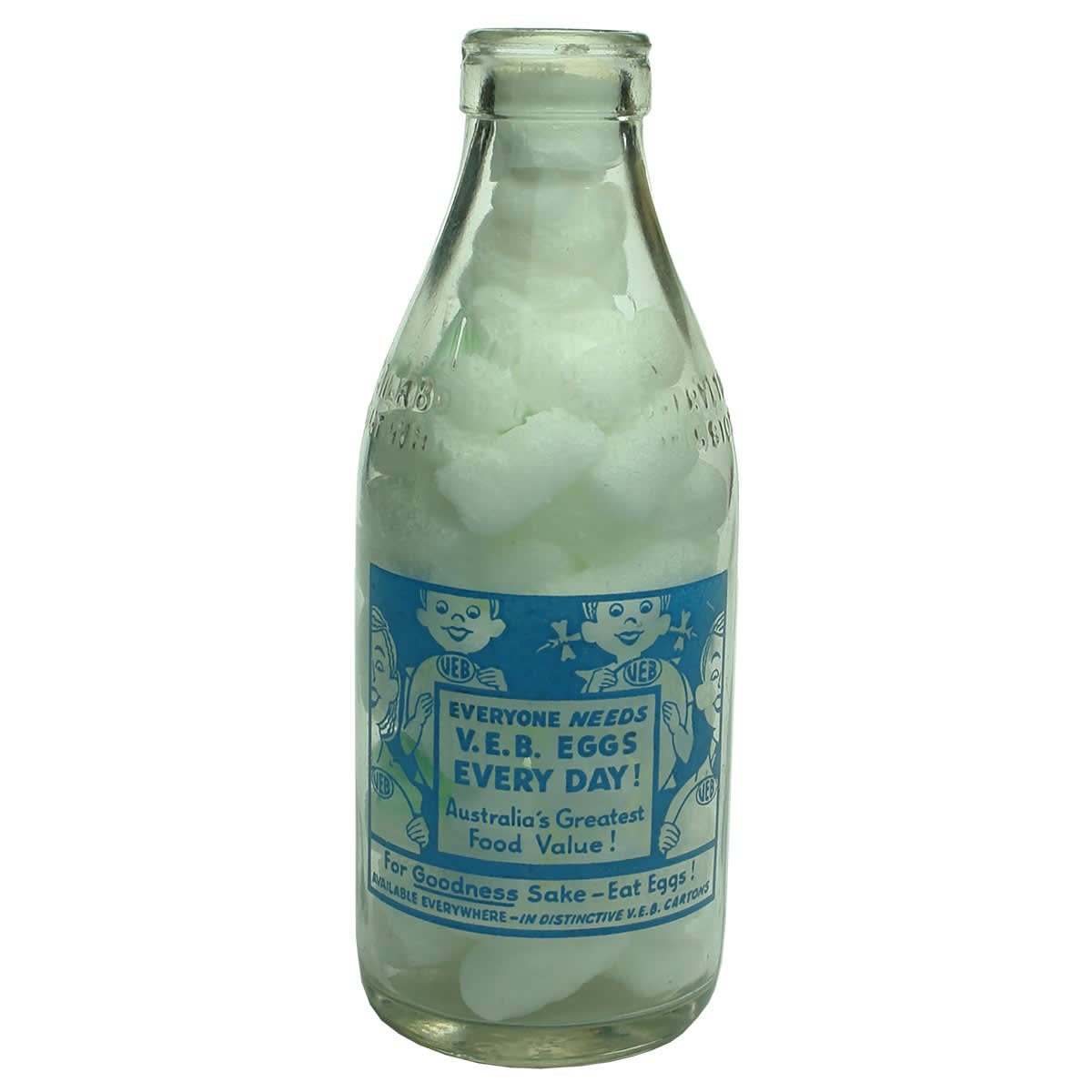 Milk. V. E. B Eggs Every Day. Family holding Giant Eggs! Foil top. Light Blue print. 1 Pint. (Victoria)