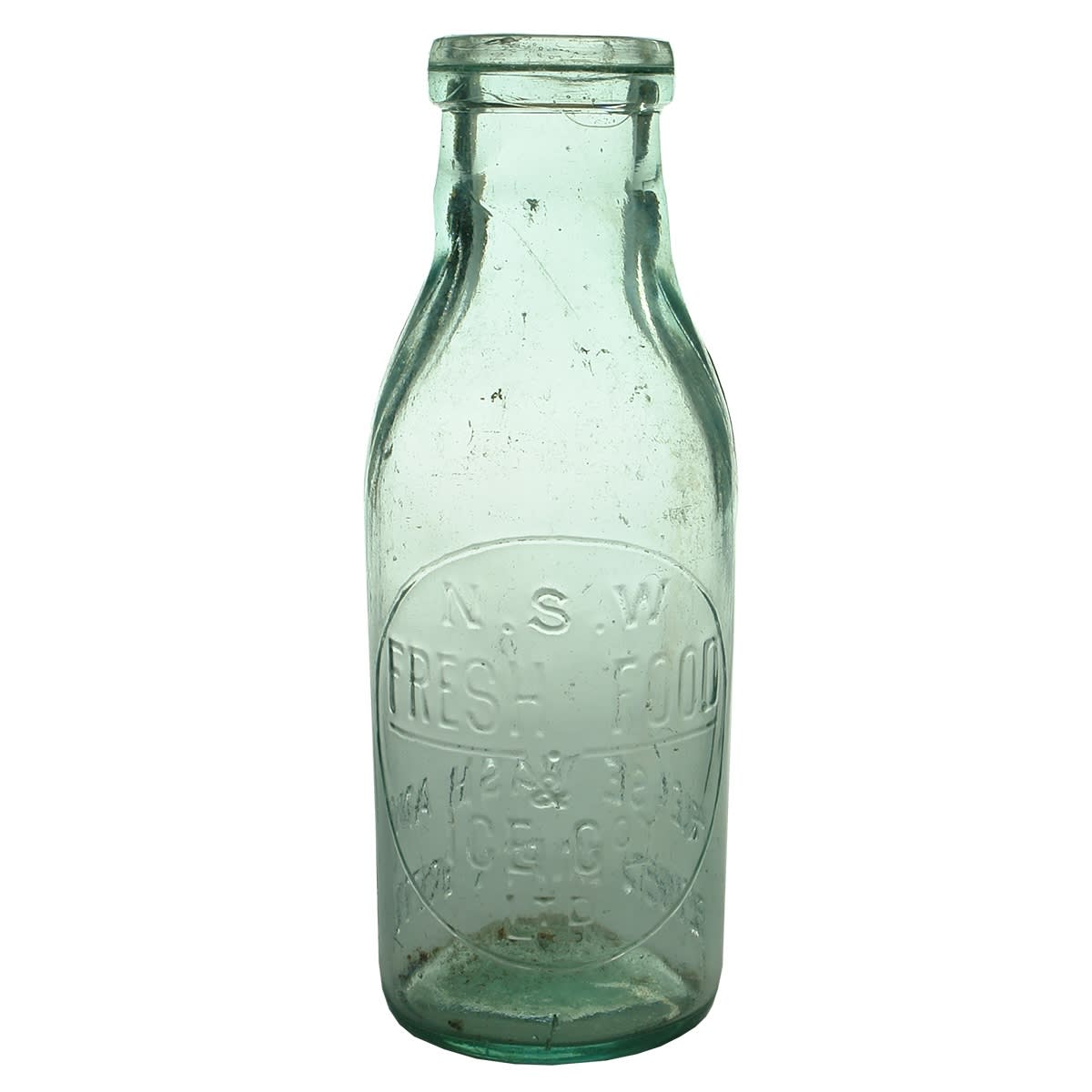 Milk. N. S. W. Fresh Food & Ice Coy Ltd. Early pickle shape. Aqua. 1 Pint. (New South Wales)