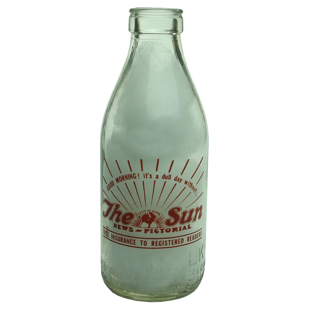 Ceramic Label Advertising Milk. The Sun News Pictorial. Milk Bottles Recovery Ltd. Foil Top. Red Print. 1 Pint. (Victoria)