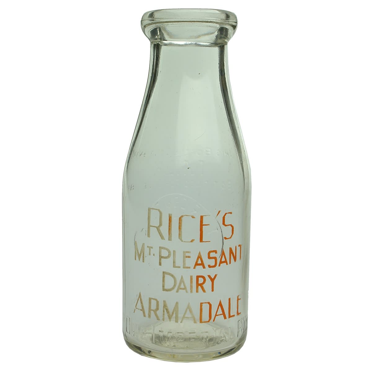 Milk. T. J. Rice & Sons, Mount Pleasant Dairy, 13 Osment St, Armadale. Orange Ceramic Label to back. Base: 362. (Victoria)