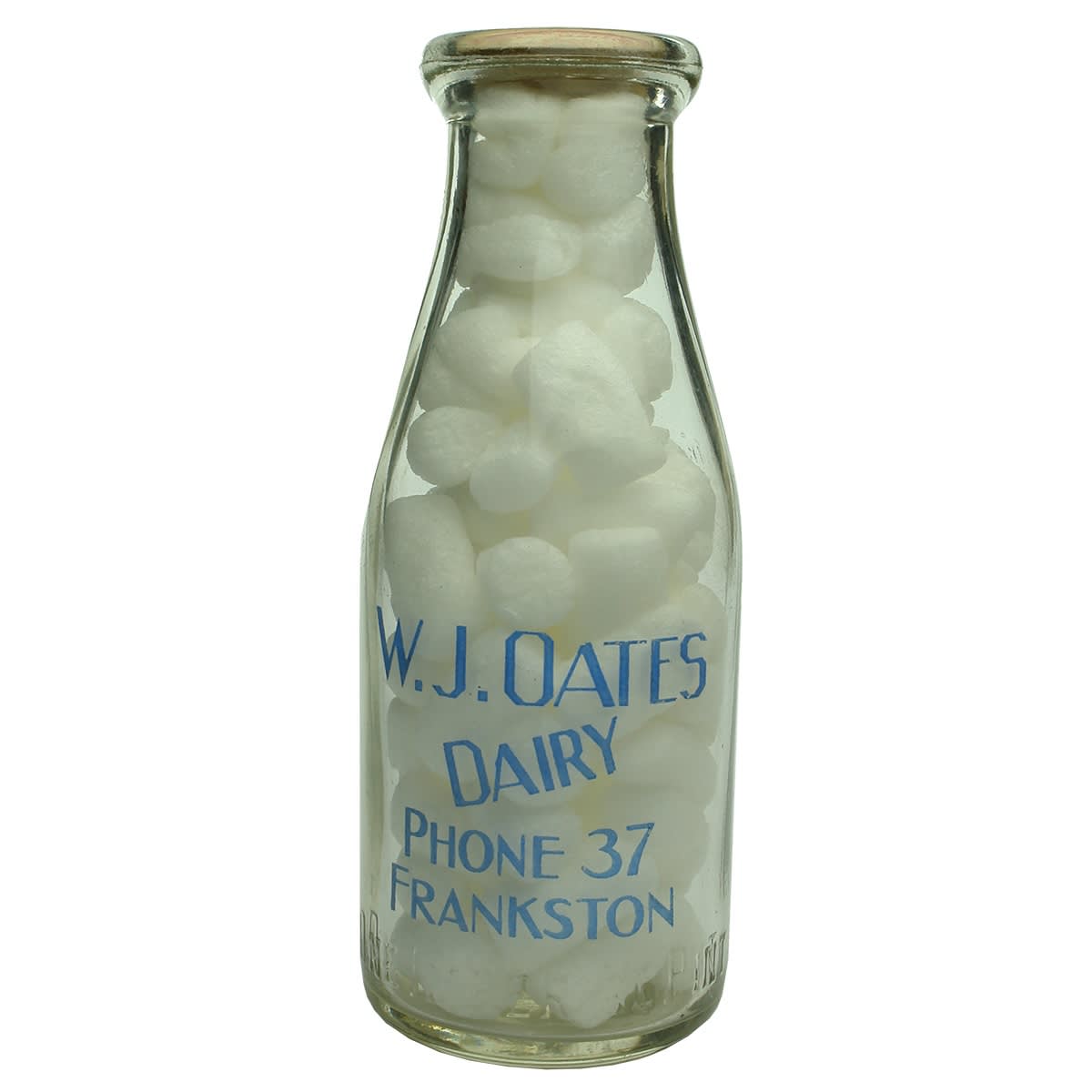 Milk. W. J. Oates, Frankston Dairy. Embossed and Ceramic Label. Pint. Baes Number 241. (Victoria)