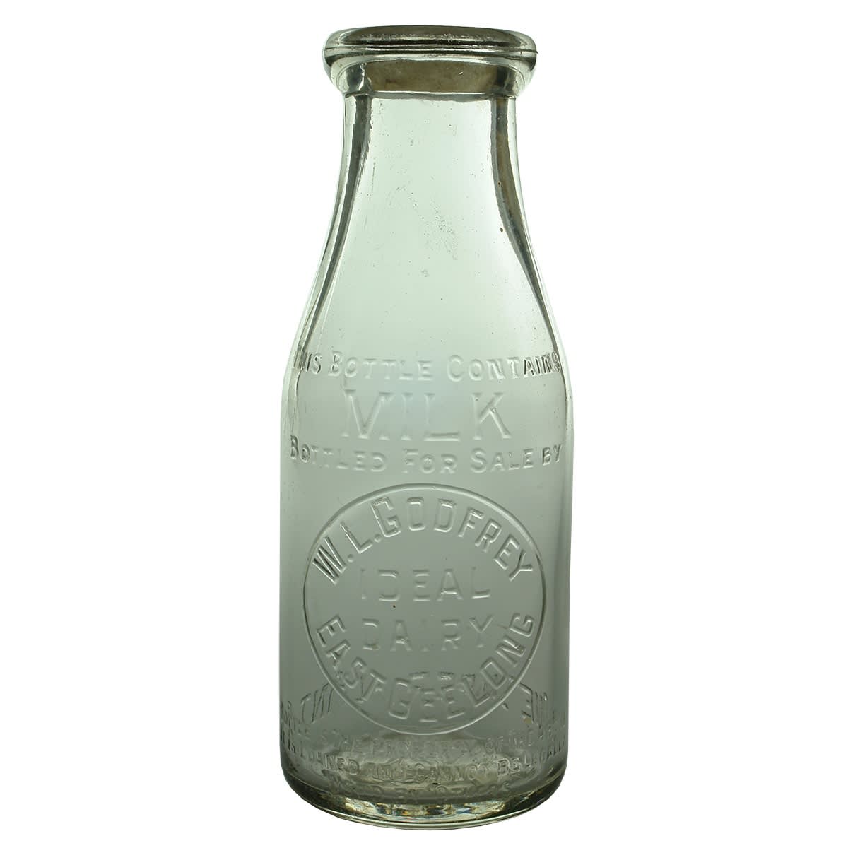 Milk. W. L. Godfrey, East Geelong. Base 392. Wide Mouth. Pint. (Victoria)