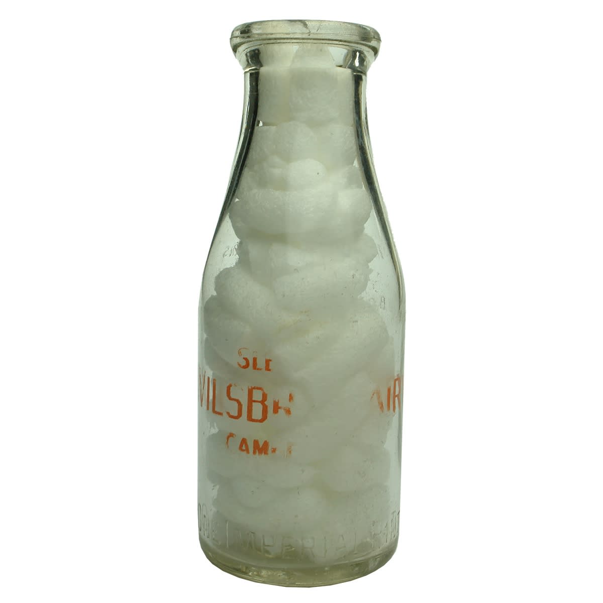 Milk. Wilsbro Dairy Pty Ltd, Mayston St., Hawthorn. Sleswick's Wilsbro Dairy Camberwell ceramic label to back. Pint. Base Number 281. (Victoria)