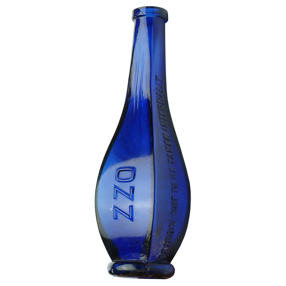 Poison. OZZ or actually ZZO. Elongated bulbous shape. Cobalt with darker swirls. 3 oz. (This is from the late Kingsley Durdin collection)