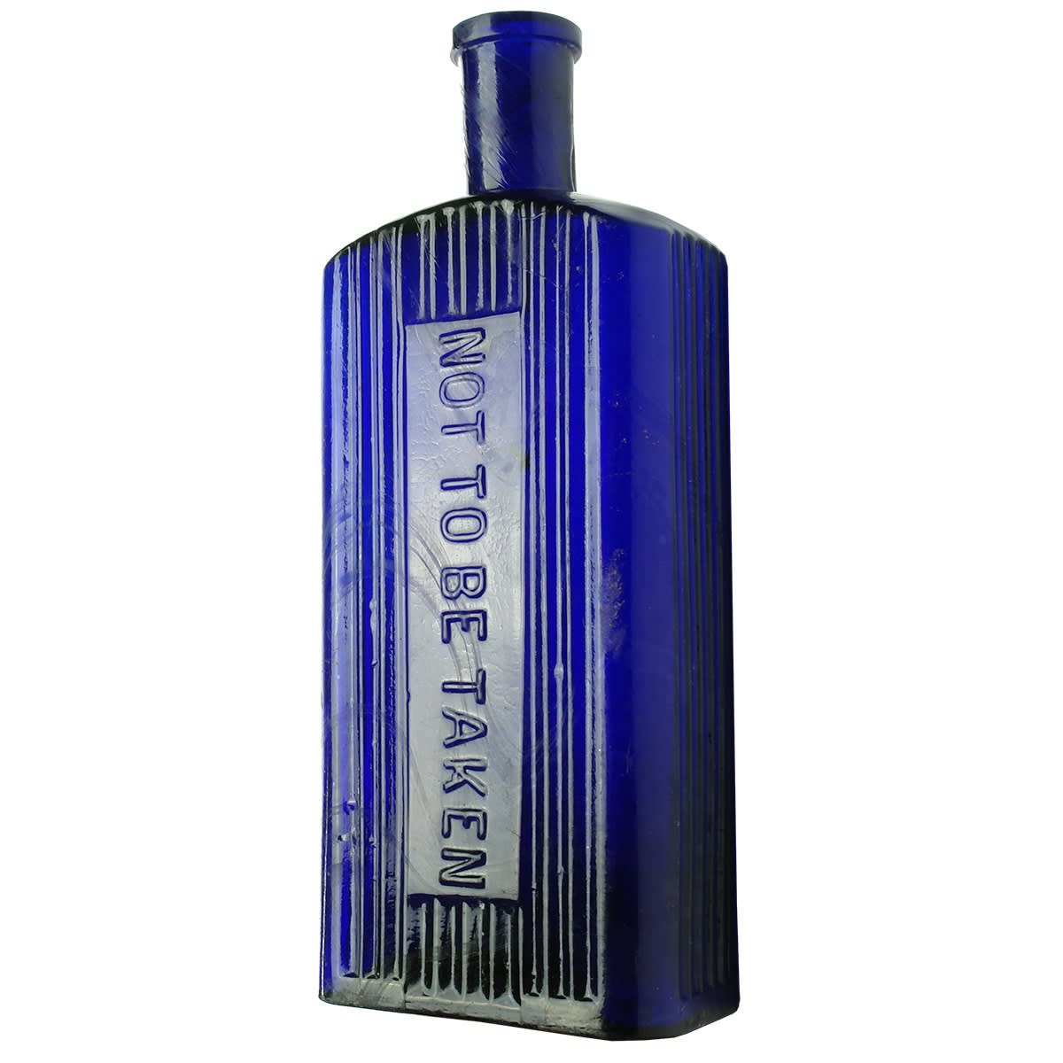Poison. Not to be taken. Large Oblong. Cobalt Blue. Grooves all around embossing panel and to sides. 16 oz. 202 mm.