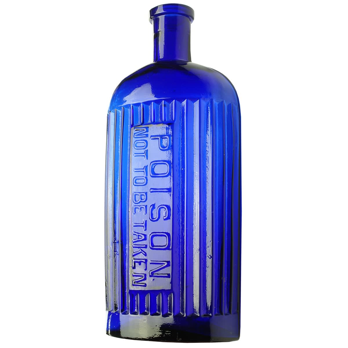 Poison. Large Oval. Poison Not to be taken. Deep wide grooves either side and around the embossing. Cobalt Blue. 16 oz. 204 mm