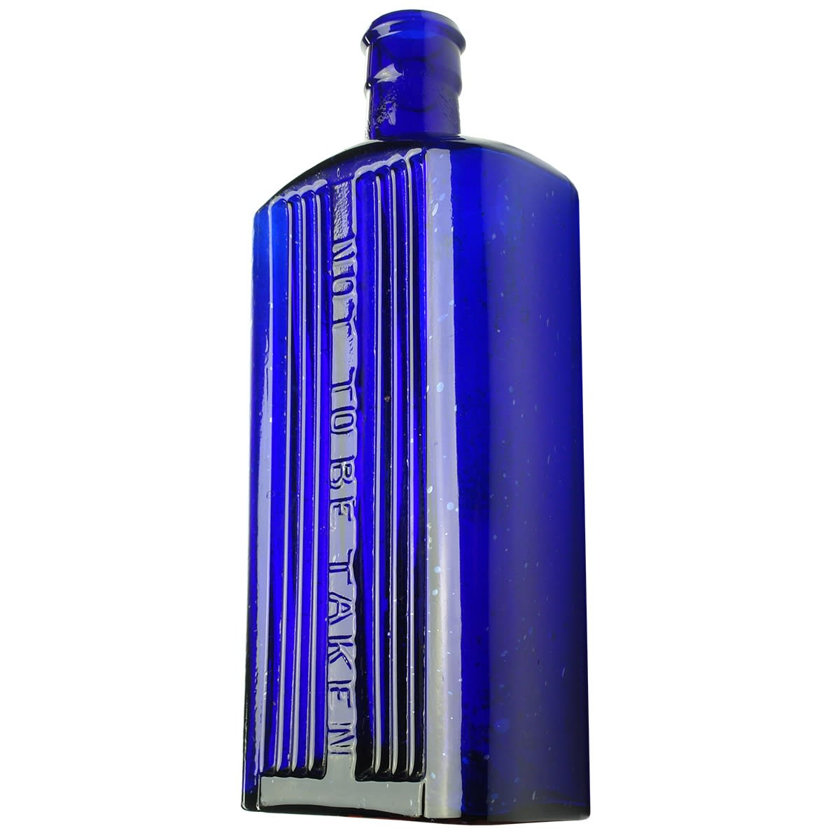 Poison. Large oblong with double collar top. Not to be taken. Cobalt blue. Deep grooves either side of embossing. 20 oz. 210 mm.
