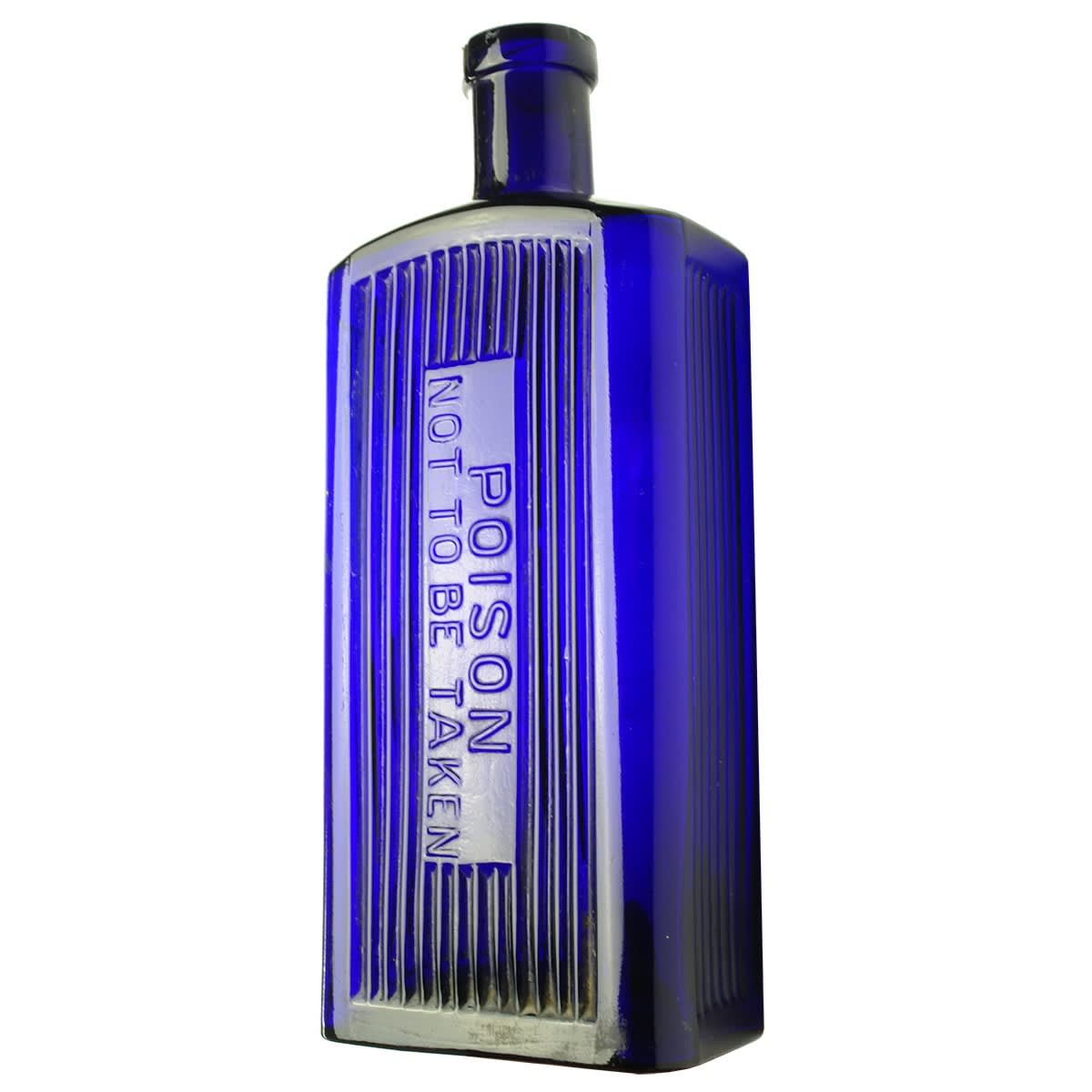Poison. Large oblong Poison Not to be Taken. Vertical grooves all around embossing panel and on sides. 20 oz. Cobalt Blue. 213 mm.