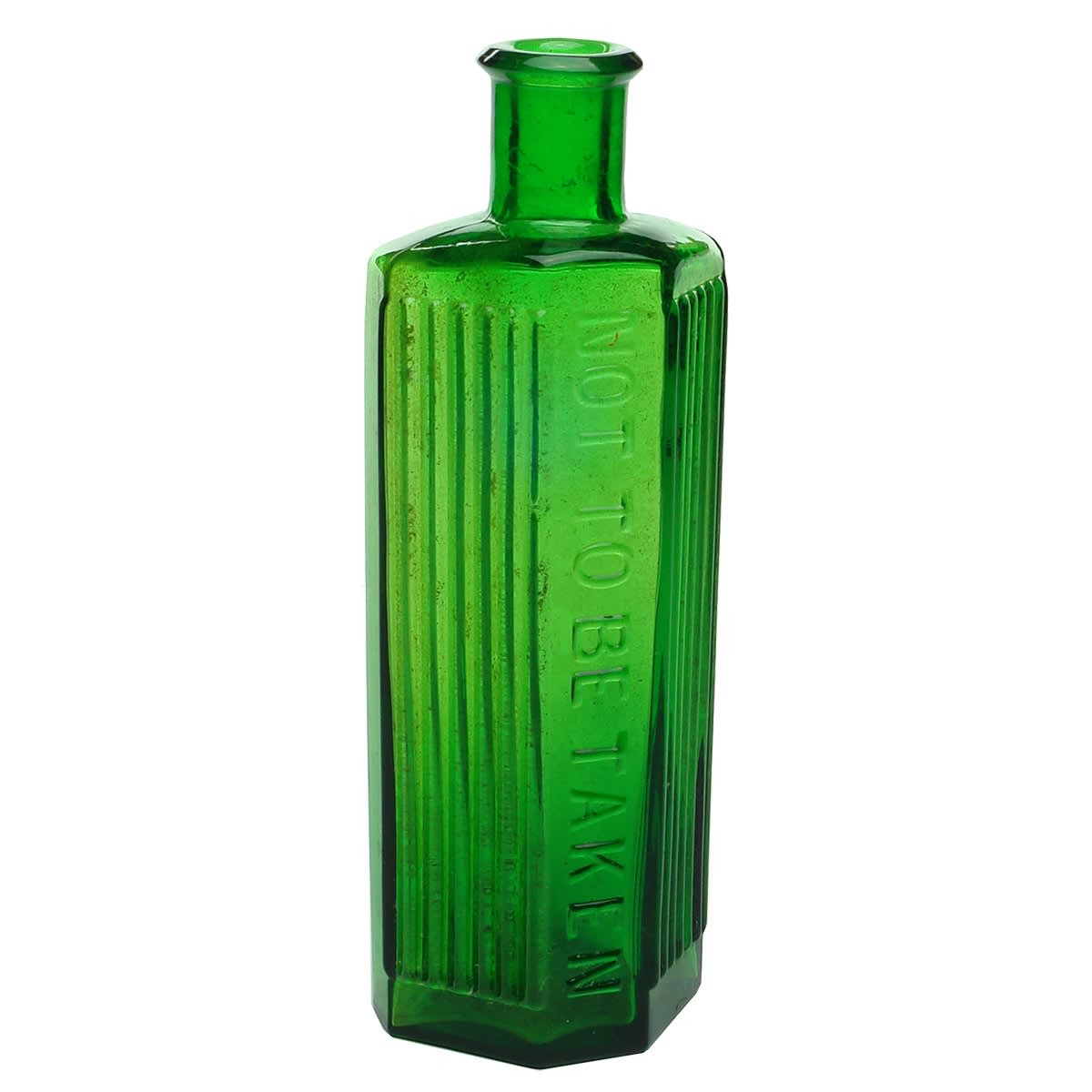 Poison. Not to Be Taken. Irregular Hexagon - Coffin like shape. Embossed vertical ribs on panels either side of embossing. 6 oz. 160 mm.