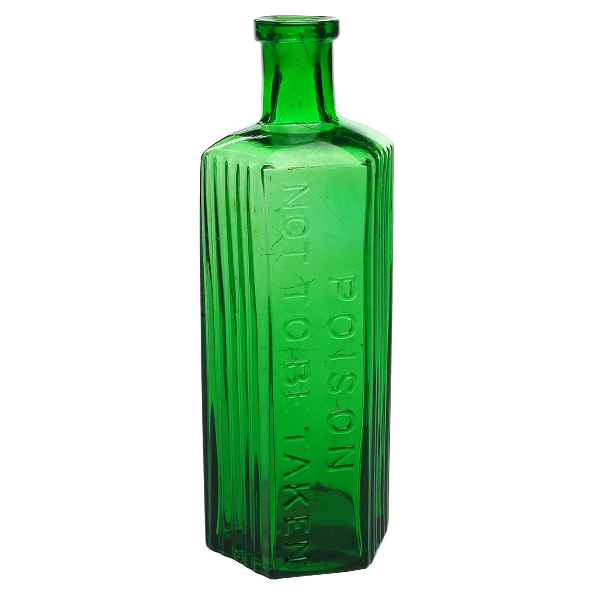 Poison. Not to be Taken. Hexagonal. Vertical grooves to the panels either side of the embossed panel. Bright Green. 8 oz. 163 mm.