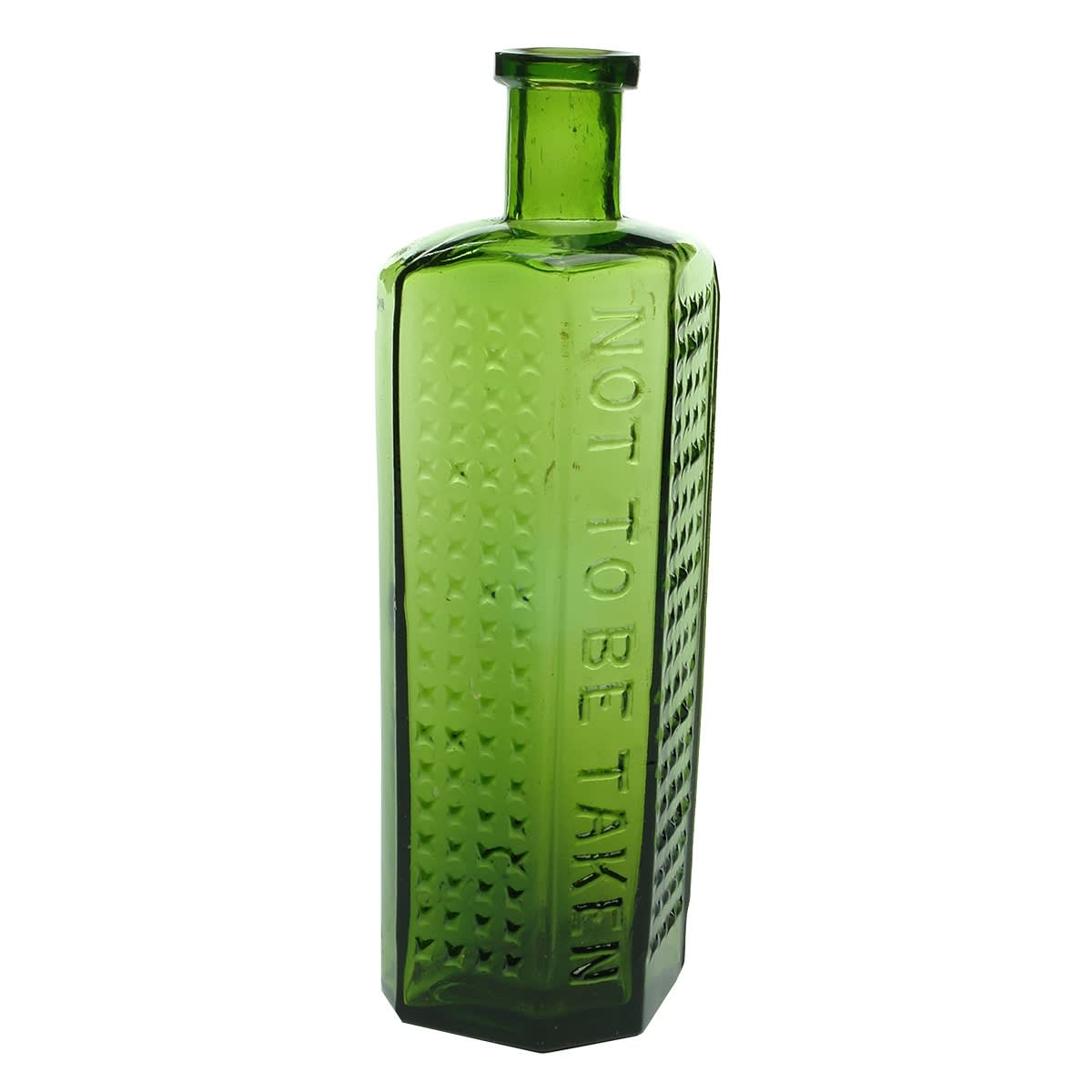Poison. Not to be taken. Rd No. 334871. Lewis & Towers Practical Poison Bottle. Irregular Hexagon. Olive Green. 10 oz. 187 mm.