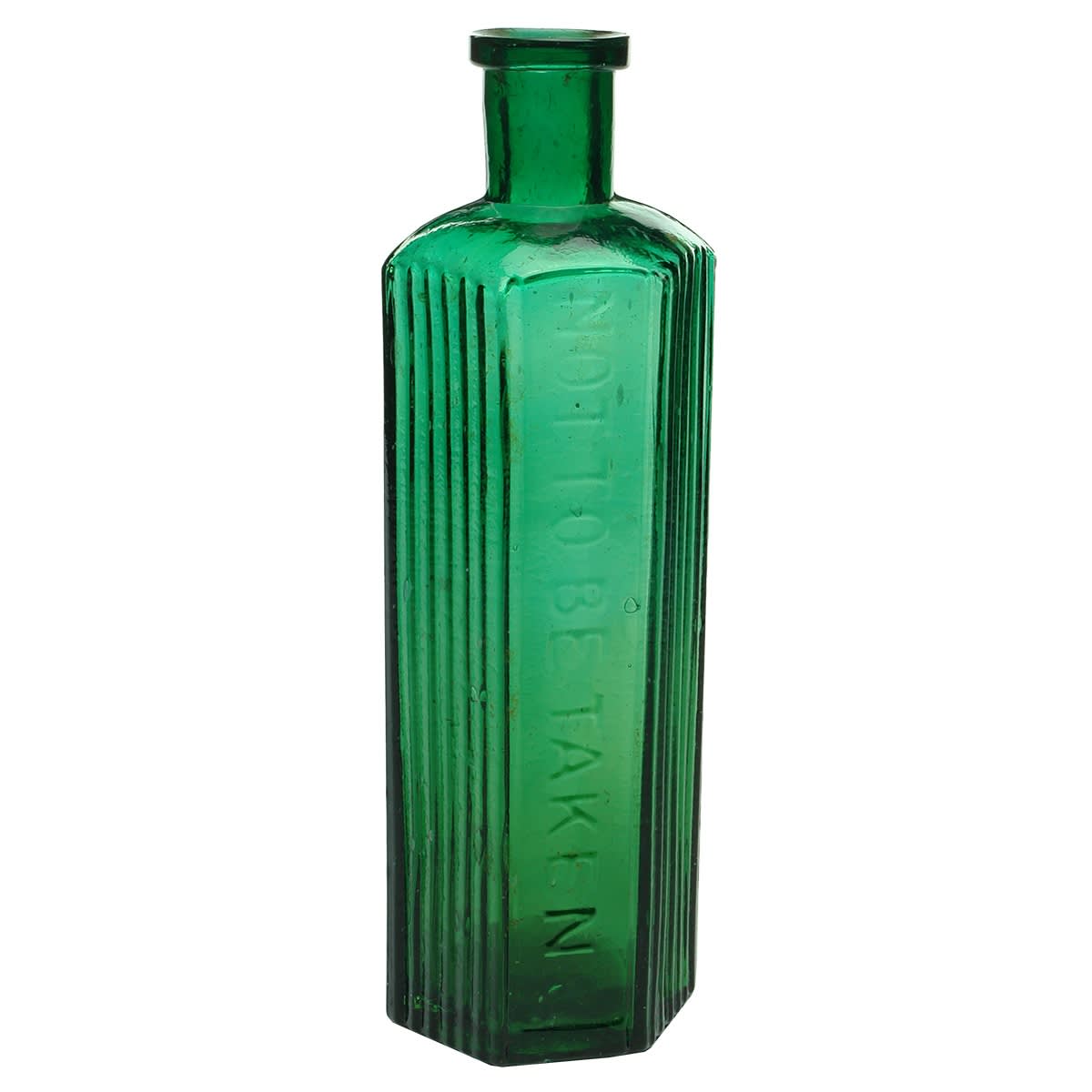 Poison. Not to be Taken. Hexagonal. Vertical grooves to the panels either side of the embossed panel. Mottled Emerald Green. 10 oz. 183 mm.