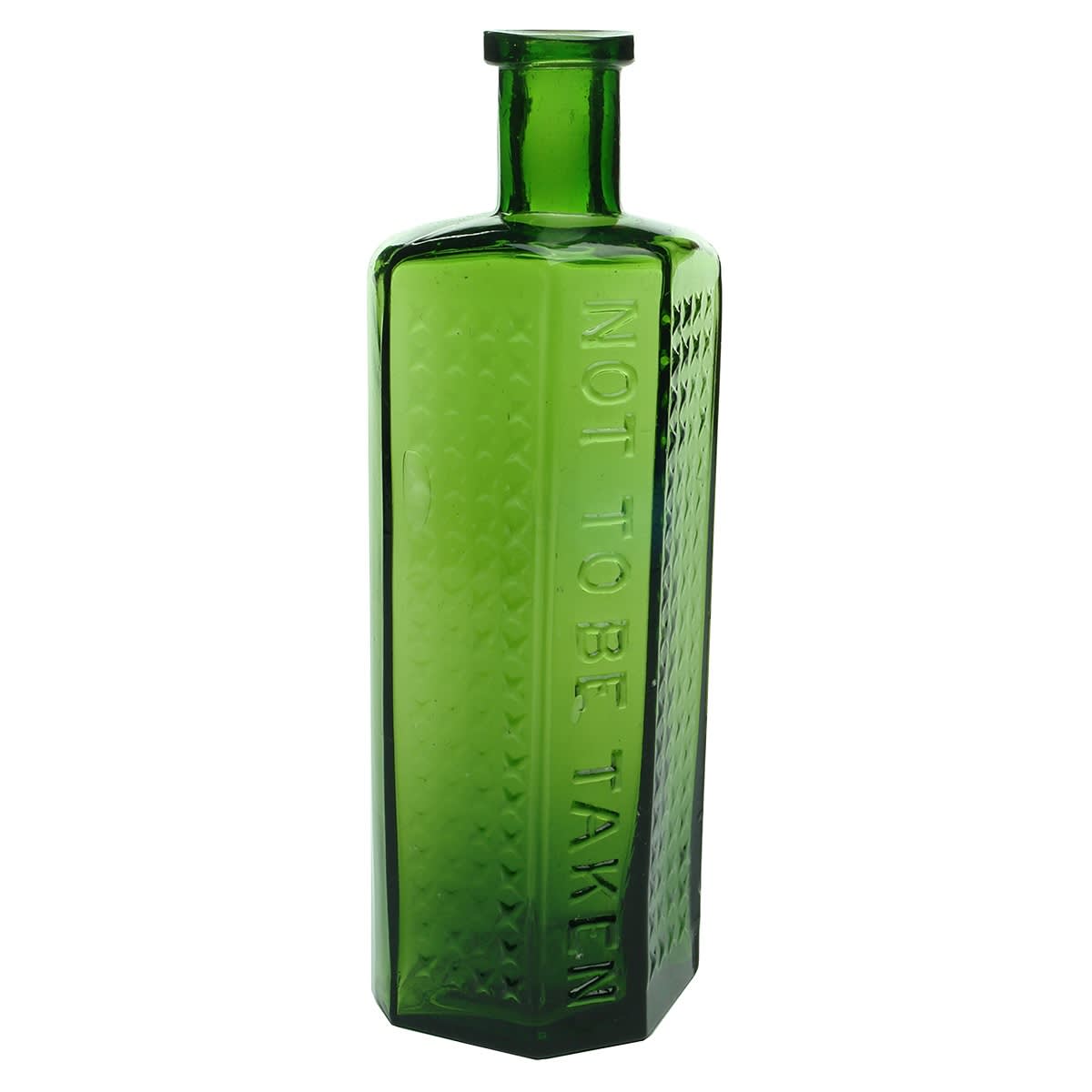 Poison. Not to be taken. Rd No. 334871. Lewis & Towers Practical Poison Bottle. Irregular Hexagon. Dark Green. 12 oz. 196 mm.