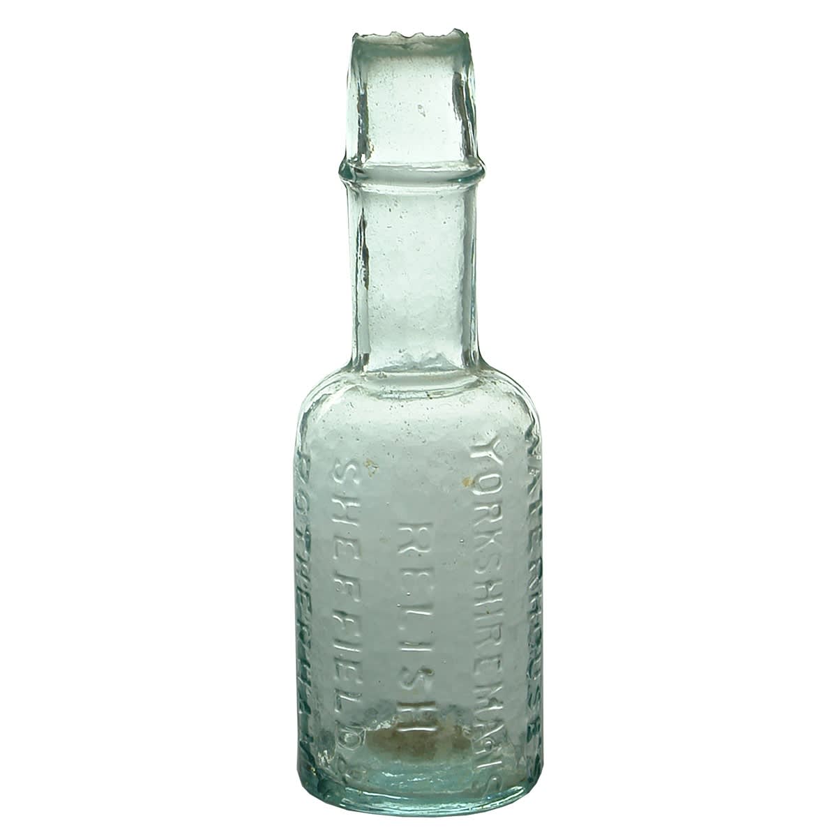 Miniature. Waterhouse's Yorkshiremans Relish, Sheffield & Rotherham. Aqua. 116 mm. (United Kingdom)