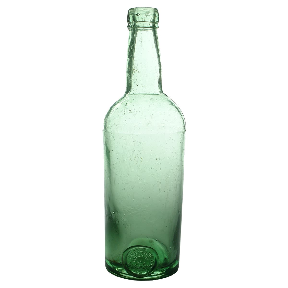 Gin. Booth & Co, 55 Cow Cross. Applied seal. Aqua. 26 oz. (United Kingdom)