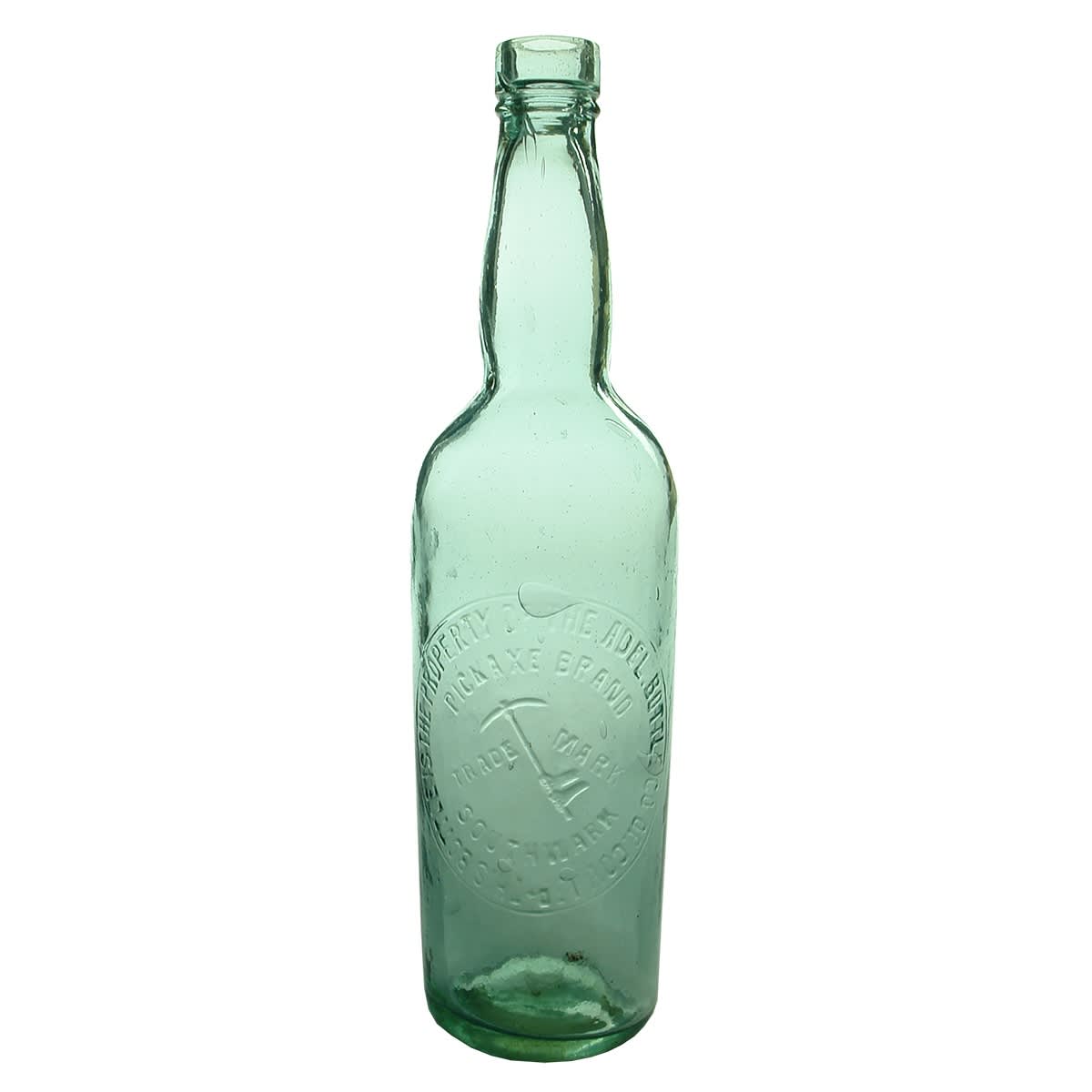 Gin. Pickaxe Brand, Southwark, Adelaide. Glass Stoppered with ledge in lip. Aqua. 26 oz. (South Australia)